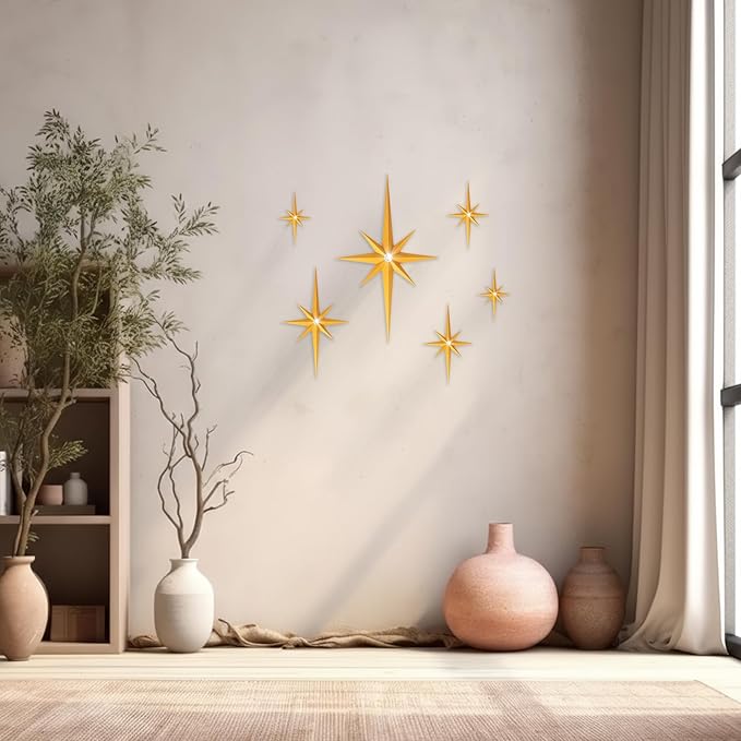 BreezeHug 6 Pcs Mid Century Modern Home Decor Star Art Wall Sculpture with Rhinestone Retro 3D Plastic Star Art Wall Sculpture Bling Diamonds Decor for Home Office Bedroom Entryway(Gold)
