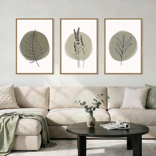 HOURIA Spring Sage Green Leaves Framed Canvas Wall Art Set,Minimalism Boho Leaf Wall Decor, Modern Nature Botanical Wall Painting,Mid Century Plant Art Prints for Living Room,Bedroom,Farmhouse-16"x24"x3