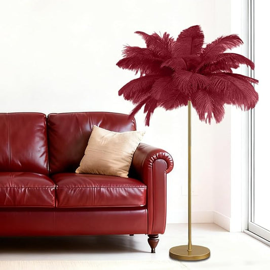 Feather Floor Lamp,Fluffy Ostrich Feather Floor Lamp for Bedroom,3 Color Temperatures Led Corner Modern Floor Lamps for Living Room Christmas Home Decor House Warming Gifts,63″ Height (Wine Red)