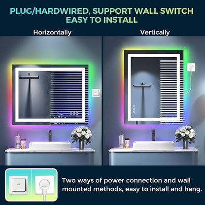 40x32 Inch RGB LED Bathroom Mirror Front Light and RGB Backlit Lighted Vanity Mirror for Bathroom Wall Mounted Dimmable Anti Fog Memory Shatter-Proof IP54 Waterproof Horizontal/Vertical