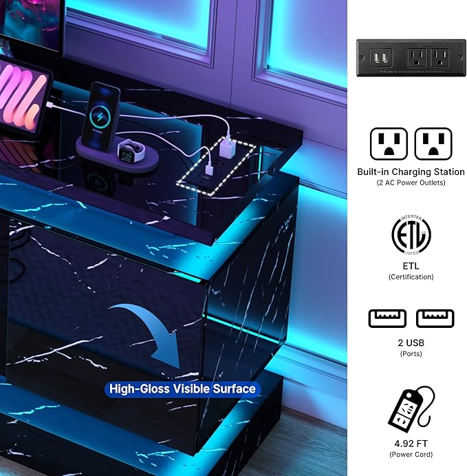 chartustriable 71IN LED TV Stands w/40 inch Fireplace Power Outlet for 85/80/75 Inch TVs,High Glossy Modern TV Media Console Gaming with 2 Storage Cabinets,Dual LED Lights,Black Marble