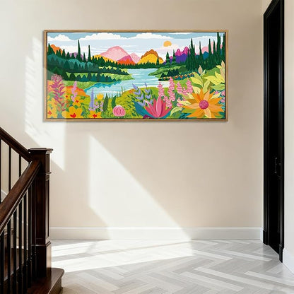 ANHUIB Large Colorful Wildflower Wall Art 20x40 Inch Framed Boho Abstract Floral Wall Decor Forest Woodland Painting Muticolor Mountain Range Illustration for Living Room Dining Room Bedroom