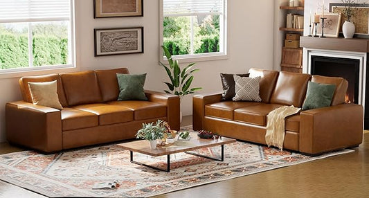 ELUCHANG 85" Luxury 3 Seater Sofa Couch for Living Room, Modern Upholstered Faux Leather Sofas Couches with Extra Deep Seats&Removable Cover, Comfy Sofa Couch for Apartment, Lounge, Brown, 2PCS