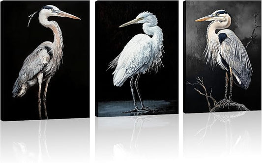 3 Pcs Heron Canvas Wall Art - Birds Picture Wall Decor Framed Black and White Painting Prints Animal Art for Living Room Home Office Ready to Hang(Art-1,16.00"x24.00"x3P)