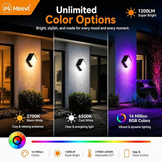 Meevt Smart Outdoor Wall Lights, 1200LM RGBCW Porch Lights, IP65 Waterproof Exterior Wall Sconce, Work with Alexa & Google Assistant, App & Remote Control Wall Lights for Patio, Garage, Square, 1 Pack