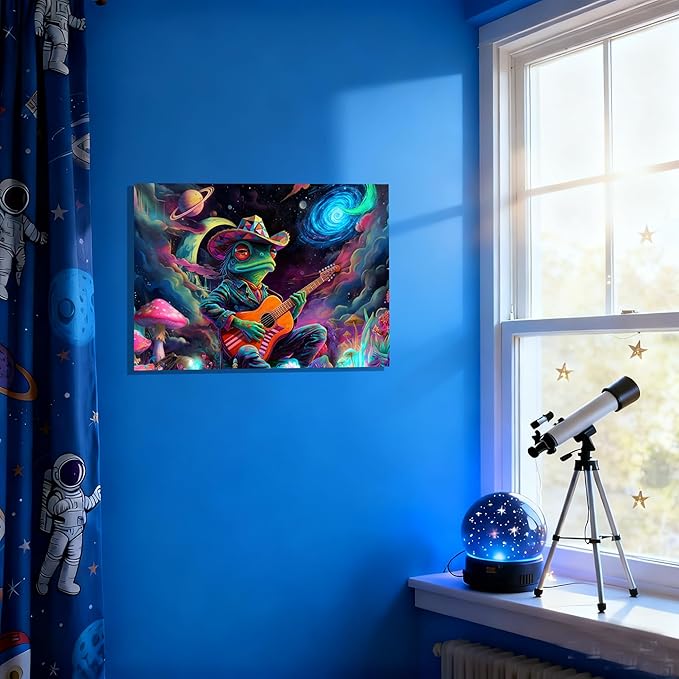 16x24 Psychedelic Space Frog Canvas Wall Art, Colorful Framed Cosmic Mushroom Guitar Player Kids Trippy Room Decor Teen Boys Bedroom Wall Posters Children Home Game Prints Gift Painting
