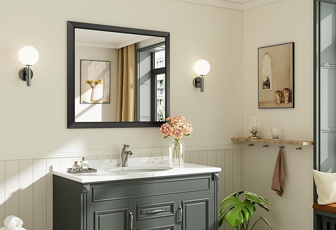Briivue 36x32 Inch Black Bathroom Mirror for Wall, Thick Metal Framed Rectangle Mirrors for Over Sink, Bedroom, Living Room, Entryway, Anti-Rust, HD Tempered Glass