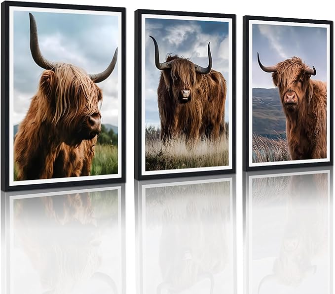 Funny Highland Cow Framed Canvas Wall Art 3 Pieces Highland Cow Portrait Wall Decor for Country Apartment Living Room Bedroom Rustic Vintage Animals Artwork Decoration Easy to Hand 24x36inchx3pcs