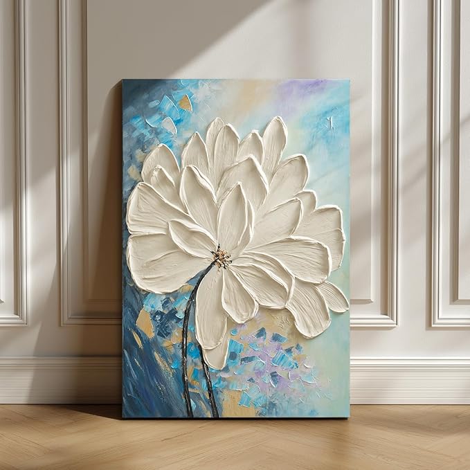 JUHOME Abstract Floral Wall Art – 24x36 Original Hand-Painted White Textured Flower Oil Painting, Modern Vertical Canvas Wall Decor Minimalist Canvas Wall Art for Living Room Bedroom Office