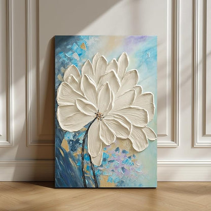 JUHOME Abstract Floral Wall Art – 24x36 Original Hand-Painted White Textured Flower Oil Painting, Modern Vertical Canvas Wall Decor Minimalist Canvas Wall Art for Living Room Bedroom Office