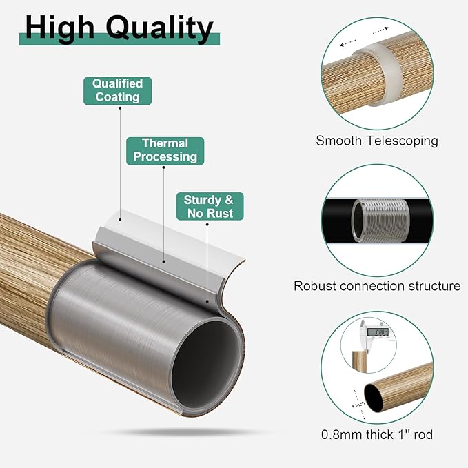 QDWIS Wood Curtain Rods for Windows 72 to 144 Inch,1'' Diameter Drapery Rods with Imitation Wood Grain Leaf Pattern Finials,Boho Adjustable Heavy Duty Curtain Rods Set,36-150'',Color:Weathered Wood