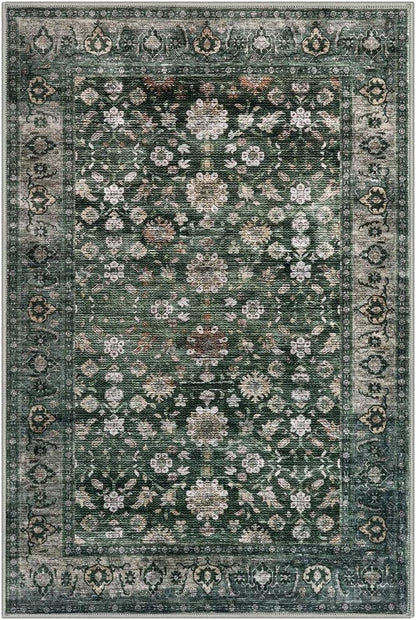 KUTA 5x7 Area Rugs Dark Green, Vintage Washable Rugs for Living Room Ultra Thin Soft Non-Slip Printed Distressed Tribal Traditional Farmhouse Carpet for Bedroom Dining Room Dorm Office Home
