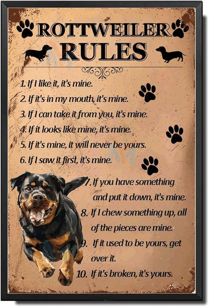 Metal Sign Tin Sign Vintage Wall Art Rottweiler Rules Sign for Garden for Bar 8×12 Inches with Metal Frame