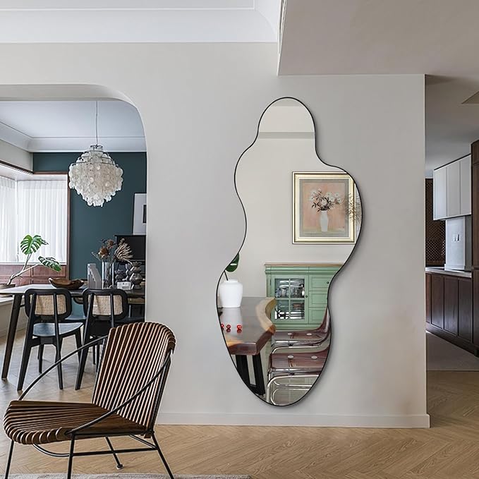 Large Irregular Mirror, 60"x30" Asymmetrical Wall Mirror with Metal Frame, Modern Organic Shaped Mirrors for Living Room Bedroom Hallway Entryway Fireplace, Horizontal or Vertical Hanging