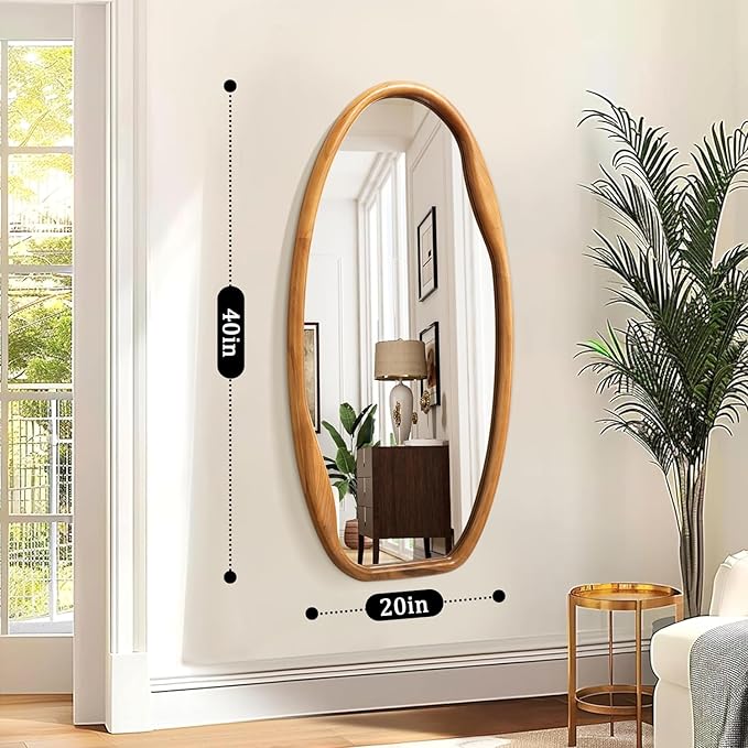 JJUUYOU Wooden Frame Wall Mirror Irregular Mirrors for wall 40"X20" Asymmetrical Decorative Vintage Hanging Mirror for Bathroom Bedroom Living Room Cloakroom Entryway Brown