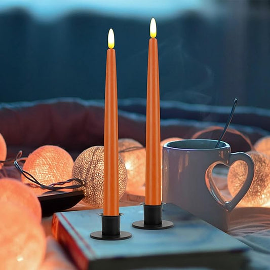 CVHOMEDECO. Flameless Taper Candles with 10-Key Remote, Battery Operated Led Flickering 3D Wick Window Candles Real Wax Finished Home Christmas Party Decor 0.78 x 11 Inch, Pack of 2 (Orange)