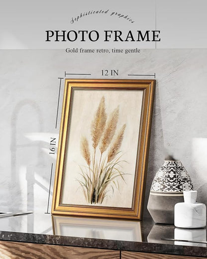 VIYYIEA Vintage Rustic Botanical Bohemian Farmhouse Neutral Wall Art Decor for Living Room Bedroom, Aesthetic Pampas Grass Watercolor Minimalist Pictures,12x16inch,Gold Framed Canvas Prints Paintings