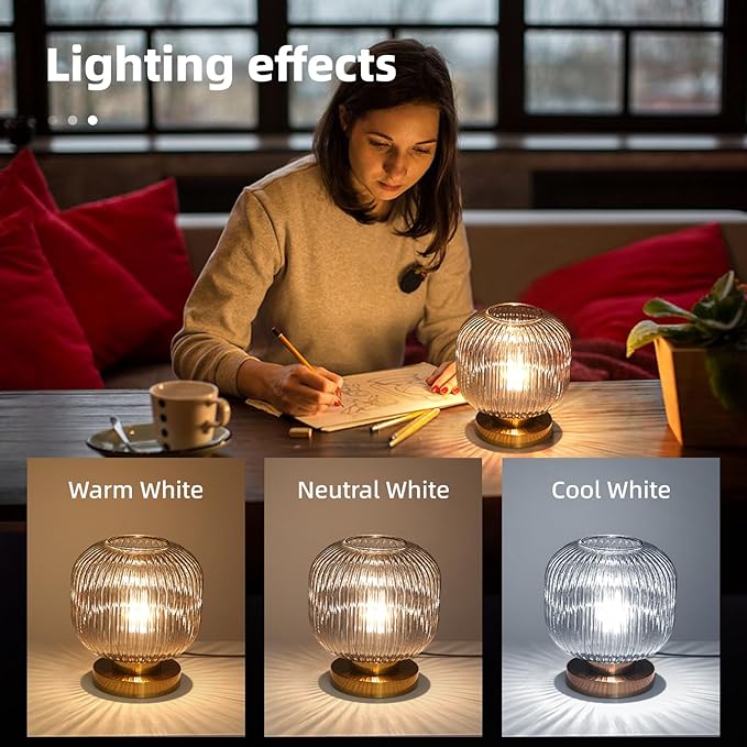 Bedside Table Lamp with Glass Shade, Small Nightlight Lamp Elegant Nightstand Lamp Modern Desk Lamp with Plug-in Style for Bedroom Living Room Tabletop,Smoky Gray, Dia7.9 x H8.7