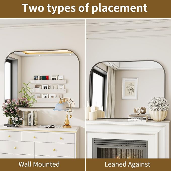 Black Arched Top Wall Mounted Mirror - 36 x 24 Inch Round Cruved Top Bathroom Vanity Mirror, Aluminum Metal Framed, Home Decor for Living Room, Bedroom, Fireplace, Mantle, Entryway