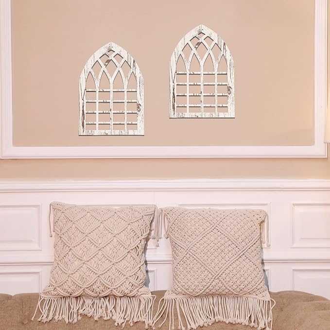 Yulejo 2 Pcs Rustic Window Frame Wall Decor Wooden Farmhouse Wall Decor 15.75'' x 11'' Arched Cathedral Fake Window Home Decorations for Entryway Living Room Bedroom
