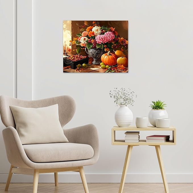 LB Vintage Kitchen Wall Art Pink and White Flower and Orange Pumpkin Floral Canvas Wall Art Modern Aesthetic Wall Decor for Living Room Restaurant Home Decoration Framed Ready to Hang 8L x 10W