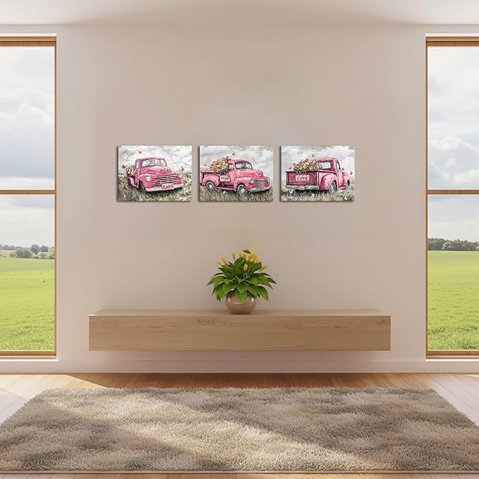 sechars Truck Wall Art Canvas Vintage Farmhouse Decor Faith Hope Love Floral Painting Prints (Pink)