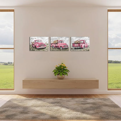 sechars Truck Wall Art Canvas Vintage Farmhouse Decor Faith Hope Love Floral Painting Prints (Pink)