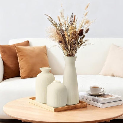 Ceramic Flower Vases Set of 3, Valentine's Day Gift Vases with Vertical Stripe Texture, Modern Decorative Vases for Dried Flowers, Home Decor Vases for Living Room Bedroom Kitchen Shelf(Beige)