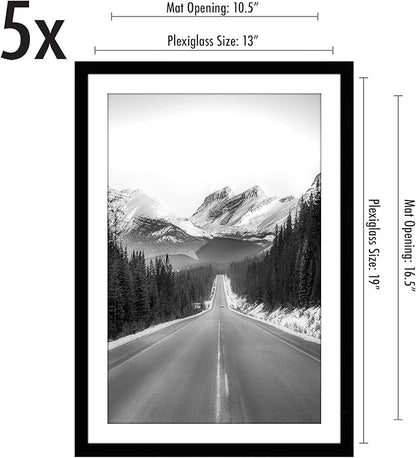 Americanflat 13x19 Picture Frame with Polished Plexiglass - Set of 5 - Use as 11x17 Frame with Mat - Galleria Collection - Picture Frames for Wall Display - Black