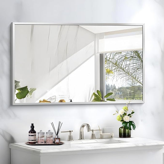 COFENY Silver Bathroom Mirror for Wall, 30x48 Inch Rectangle Mirrors with Metal Frame, Modern Vanity Wall Mirror Decor for Bathroom Living Room, Entryway Hangs Horizontal or Vertical