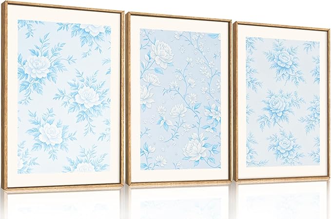HPNIUB Blue and White Chinoiserie Floral Framed Wall Art Set,Classic Minimalist Wall Decor,Elegant Flowers Art Print,Watercolor Botanical Wildflower Artwork for Living Room, Bedroom,Office-24''x36''x3