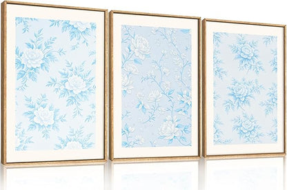 HPNIUB Blue and White Chinoiserie Floral Framed Wall Art Set,Classic Minimalist Wall Decor,Elegant Flowers Art Print,Watercolor Botanical Wildflower Artwork for Living Room, Bedroom,Office-24''x36''x3