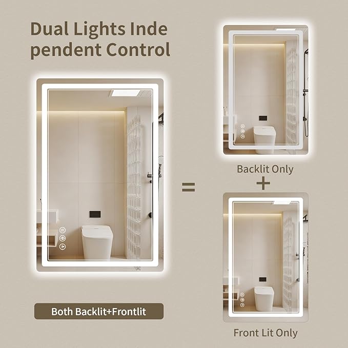 24"x32" LED Bathroom Mirror with Lights, Backlit + Front Lit, Anti-Fog, Lighted Bathroom Mirror for Wall, HD Shatterproof Tempered Glass, Dimmable, Memory Function (Horizontal/Vertical)