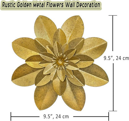 Golden Metal Flower Wall Art Decor, 9.5“ Rustic Modern Floral Sculpture, Distressed Iron Wall Hanging Home Decoration Accent Artworks for Indoor Kitchen Bedroom Living Room Office Outdoor Garden Patio