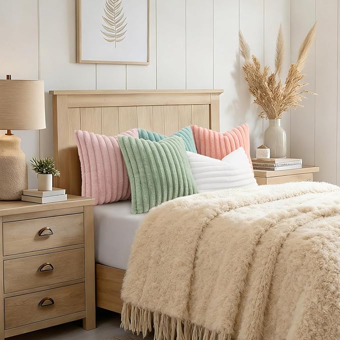 decorUhome Summer Cozy Faux Fur Throw Pillow Covers 12x20 Set of 2 Decorative Soft Plush Striped Lumbar Modern Farmhouse Boho Couch Pillow Cases with Velvet Back for Sofa Bed Living Room, Sage Green