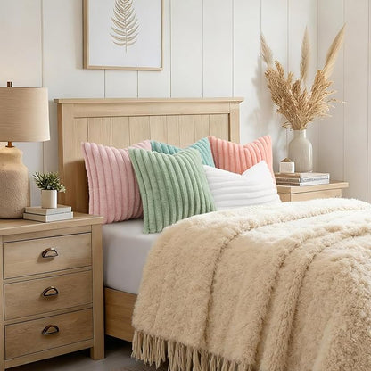 decorUhome Summer Cozy Faux Fur Throw Pillow Covers 12x20 Set of 2 Decorative Soft Plush Striped Lumbar Modern Farmhouse Boho Couch Pillow Cases with Velvet Back for Sofa Bed Living Room, Aqua