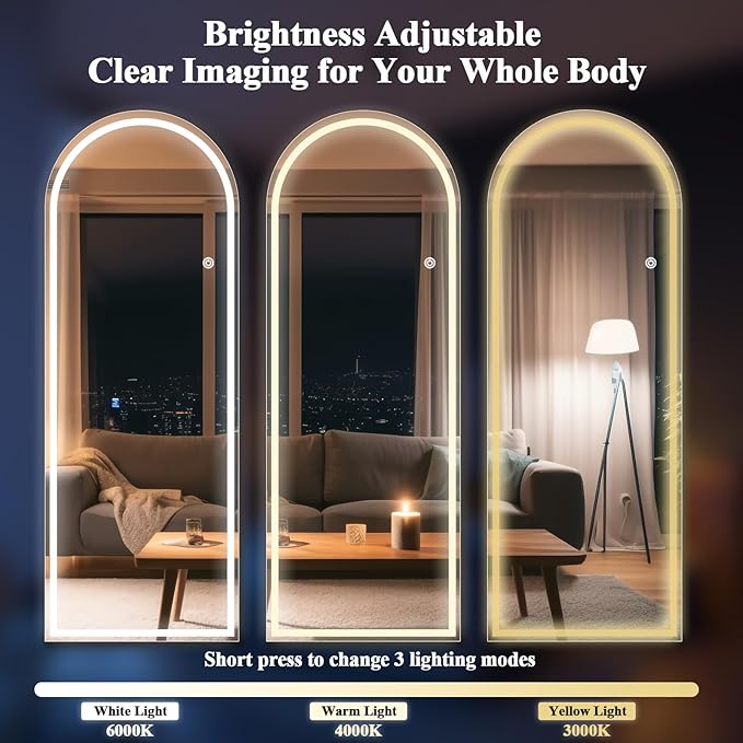 Arched LED Mirror Full Length - 65" x 26" Mirror Full Length with Light, Wall Mounted Full Body for Bedroom/Dressing Room, 3 Color Lighting, White
