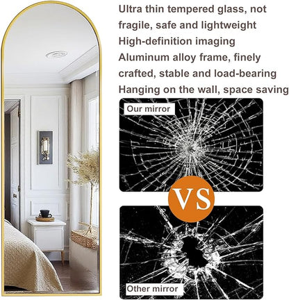 Arched Full Length Mirror, 48"x14" Gold, Tempered Shatterproof Glass & Aluminum Frame, Over Door or Wall Mounted, No Drill Installation for Bedroom, Bathroom, Closet, Entryway, Living Room Decor