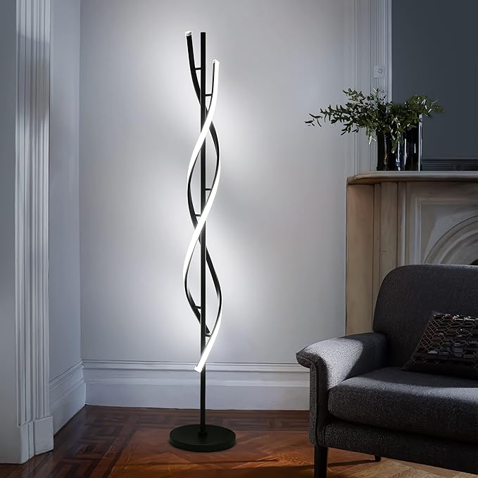 Modern Spiral Floor Lamp for Living Room, 30W Dimmable Led Corner Floor Lamp with Remote Control, 53 Inch Black Floor Lamps 3 Color Tall Corner Reading Lamp Standing Floor Lamps for Bedroom