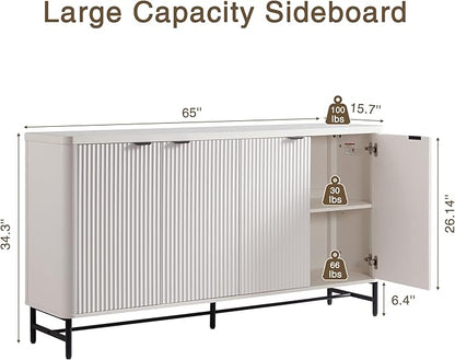 Fatmok 65" Large Sideboard Buffet Cabinet with Storage, Set of 2 Modern Fluted Credenza Accent Coffee Bar Console Tables with Doors & Adjustable Shelves for Living Room or Hallway, White