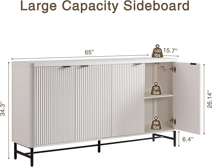 Fatmok 65" Buffet Cabinet with Storage, Fluted Credenza Sideboard with 4 Doors & Adjustable Shelves, Large Coffee Bar Console Table for Dining Room, Living Room, Entryway, White