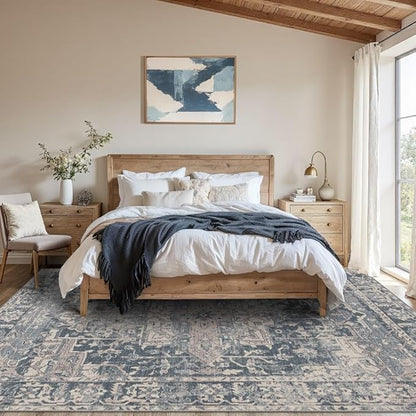 Rugxara 8x10 Area Rugs for Living Room Bedroom, Large Washable Rug, Blue Vintage Retro Boho Rug, Non Slip & Low Pile Faux Wool Thin Carpet for Indoor Dining Room and Kids Room(Blue 8x10ft)