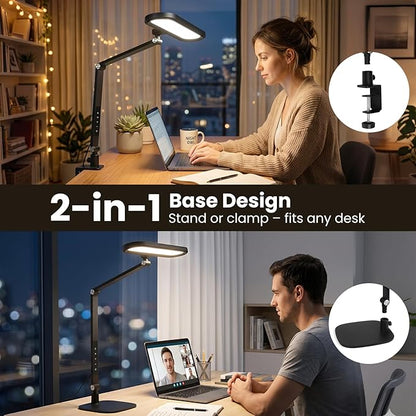 LIONVISON LED Desk Lamp for Home Office: Eye-Caring Clamp & Stand Double Side Desk Light with Remote & Memory - Stepless Dimming & Color Adjustable Table Lamps for Zoom Study Video Conference