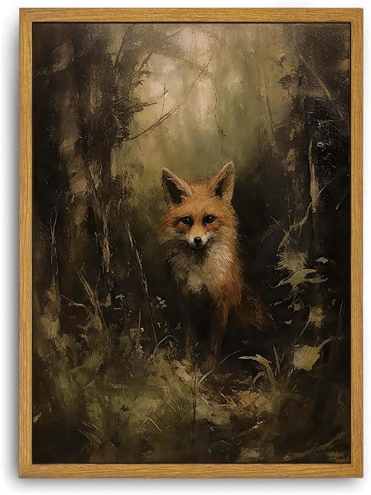 Djmwtb Framed Wall Art Vintage Wall Decor Fox Canvas Art Animal Pictures Wildlife Paintings Forest Prints Huntings Artwork for Bedroom Living Room