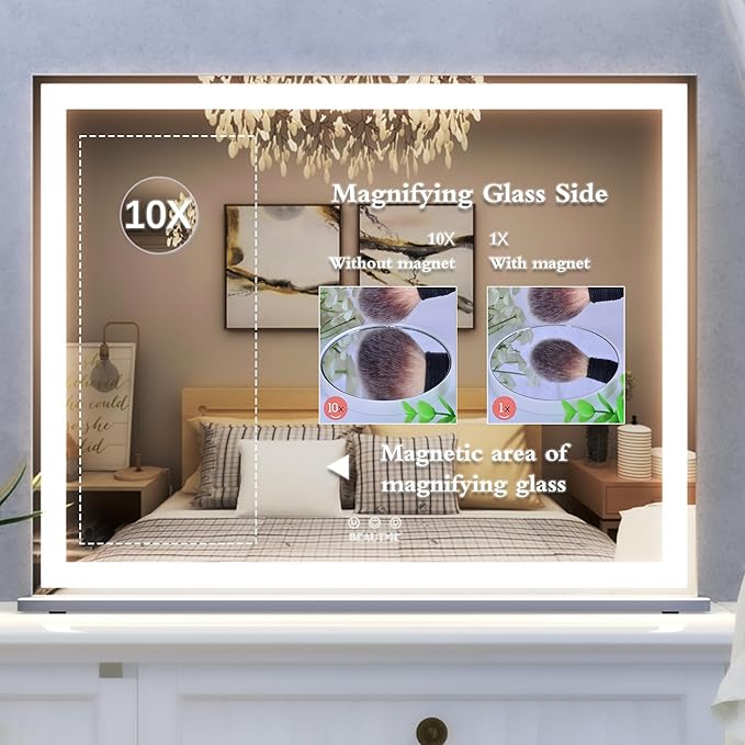 ANYHI Vanity Mirror with Lights, 28.3"x22.1" Tabletop Vanity Mirror with Lights and Stand, 3 Color Modes, 10X Magnification, Smart Touch Control, Wall Mount/Desk Mirror for Bedroom Makeup Room, Silver