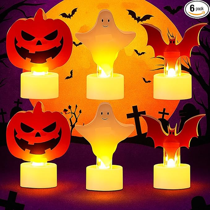 Tuanse 6 Pcs Halloween Flameless Candles Battery Operated LED Tealight Candles Pumpkin Bat Ghost Halloween Decorations for Home Indoor Table Centerpiece Party Decor
