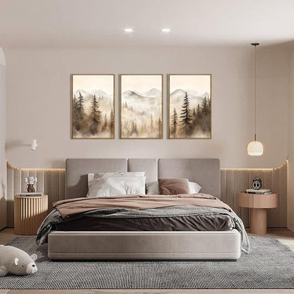 IARTTOP Large Mountain Forest Framed Canvas Wall Art 16x24 Inch Set of 3 Abstract Misty Woodland Painting Modern Farmhouse Art Prints for Living room Dining room