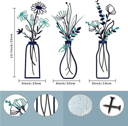 Nonforgetta Metal Flower Wall Art Set of 3 – Minimalist Farmhouse Vase Wall Decor, 3D Metal Sculpture for Living Room, Bathroom, Bedroom & Dining Room – Housewarming Gift
