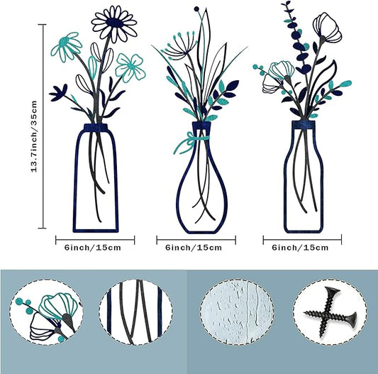 Nonforgetta Metal Flower Wall Art Set of 3 – Minimalist Farmhouse Vase Wall Decor, 3D Metal Sculpture for Living Room, Bathroom, Bedroom & Dining Room – Housewarming Gift