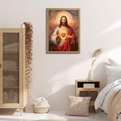 Framed Sacred Heart of Jesus Canvas Wall Art Divine Mercy Painting Picture Wall Decor Religious Christ Jesus Portrait Poster Prints Artwork for Dining Living prayer Room Bedroom Home Decor 16x24 in